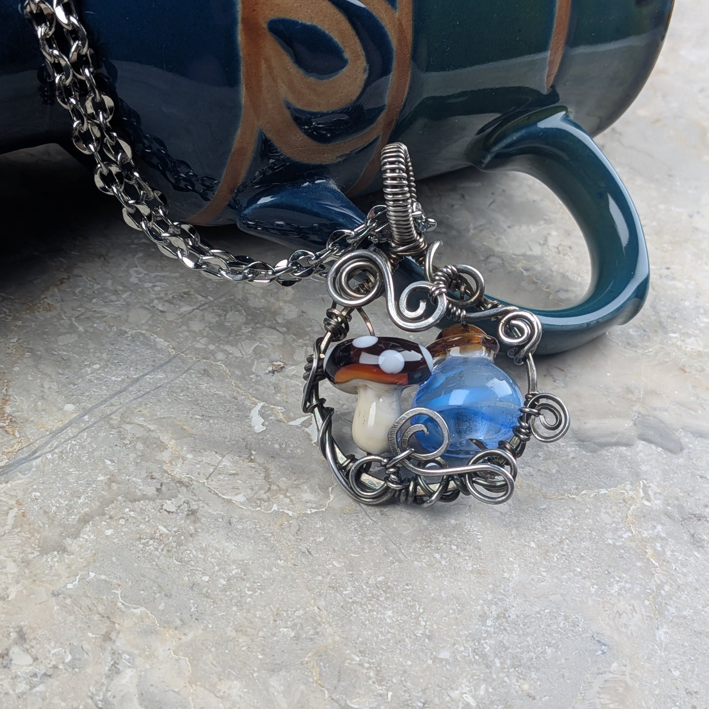 Lampwork Mana Potion & Mushroom Pendant in Gunmetal