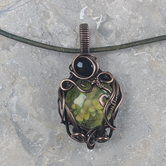 Hidden Spring Green Floral Lampwork Necklace in Copper with Onyx