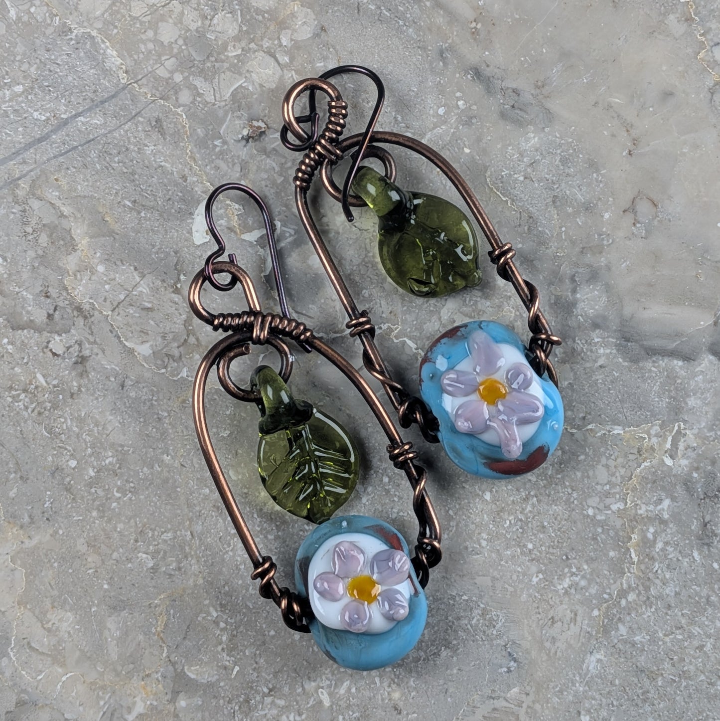 Blue and Purple Flower Lampwork Arch Earrings | Copper Wire
