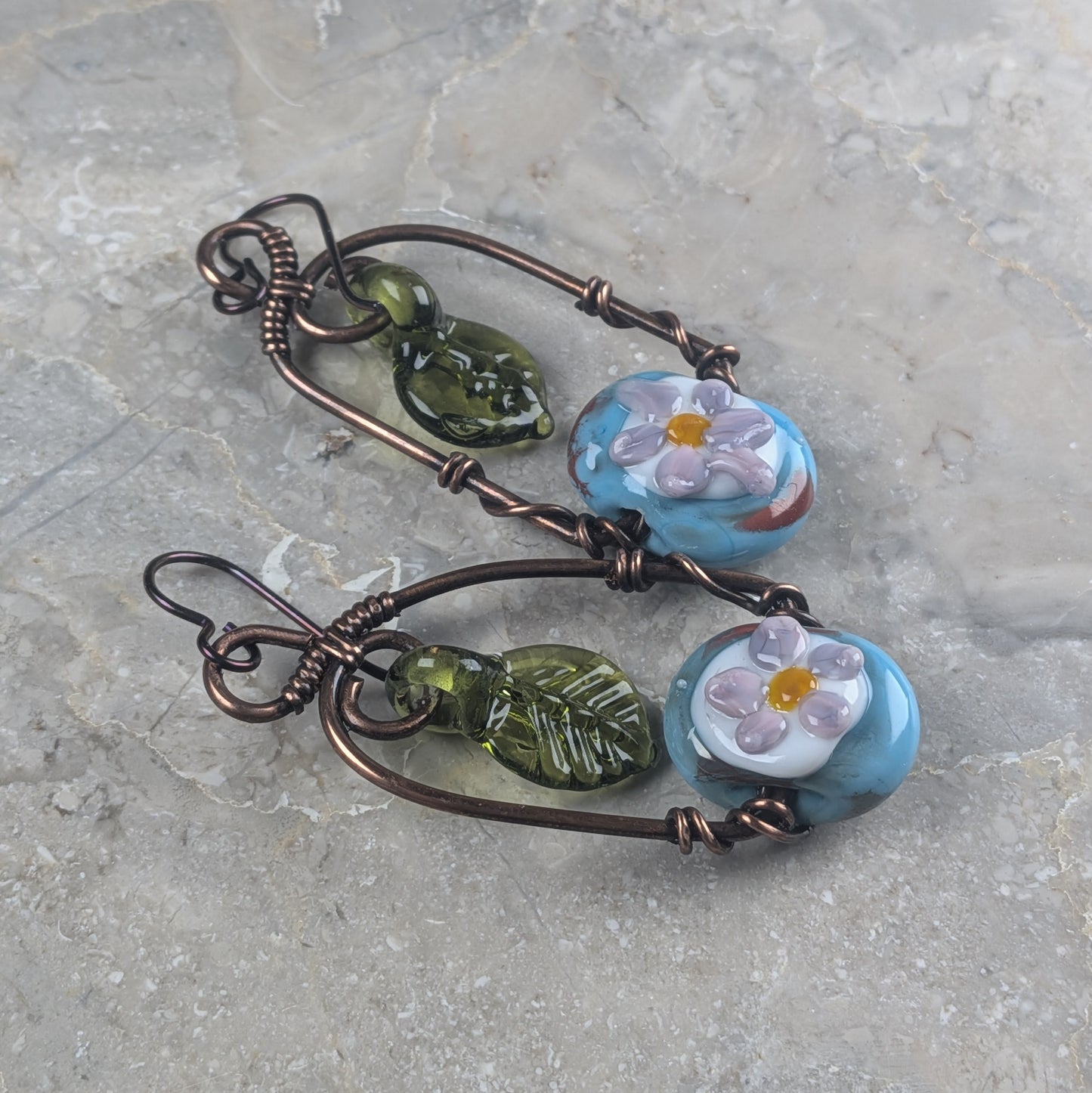 Blue and Purple Flower Lampwork Arch Earrings | Copper Wire
