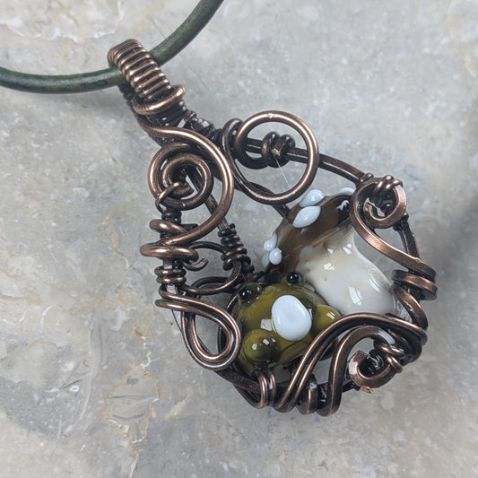 Frog and Mushroom Lampwork Copper Pendant