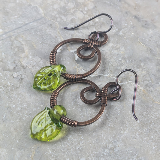 Green Leaf Hoop Earrings | Copper Wire