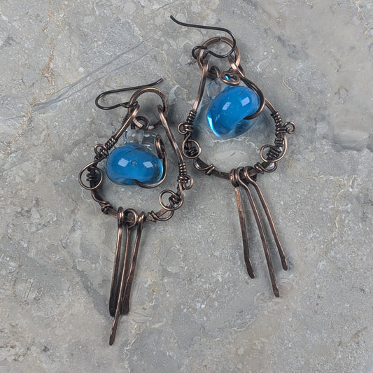 Blue Mana Potion Fringe Earrings | Lampwork Copper Dangle Earrings