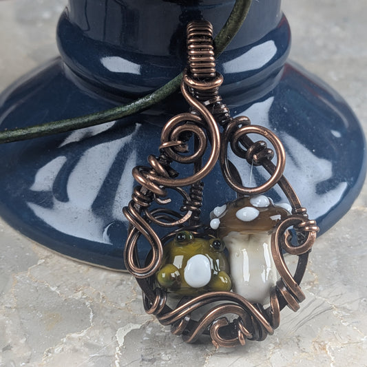 Frog and Mushroom Lampwork Copper Pendant