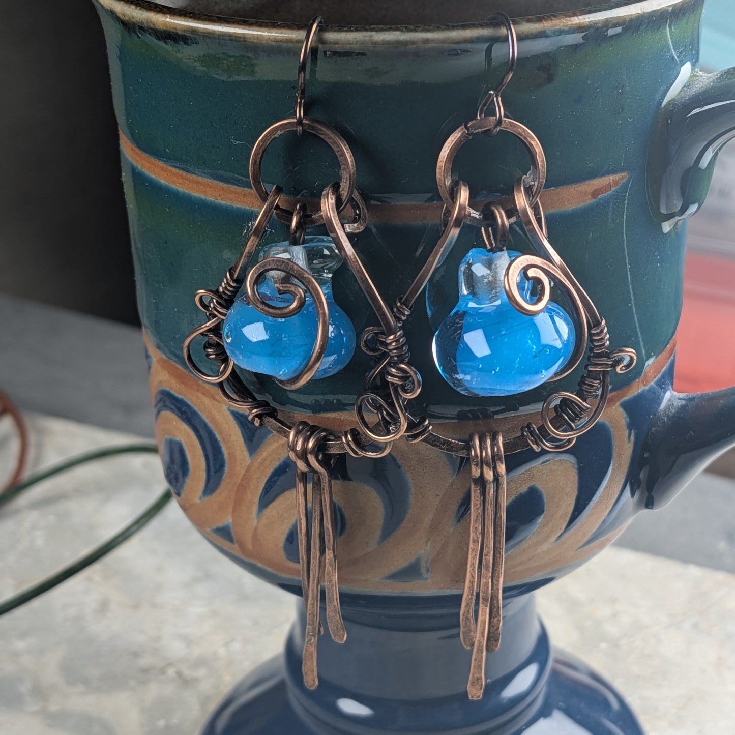 Blue Mana Potion Fringe Earrings | Lampwork Copper Dangle Earrings