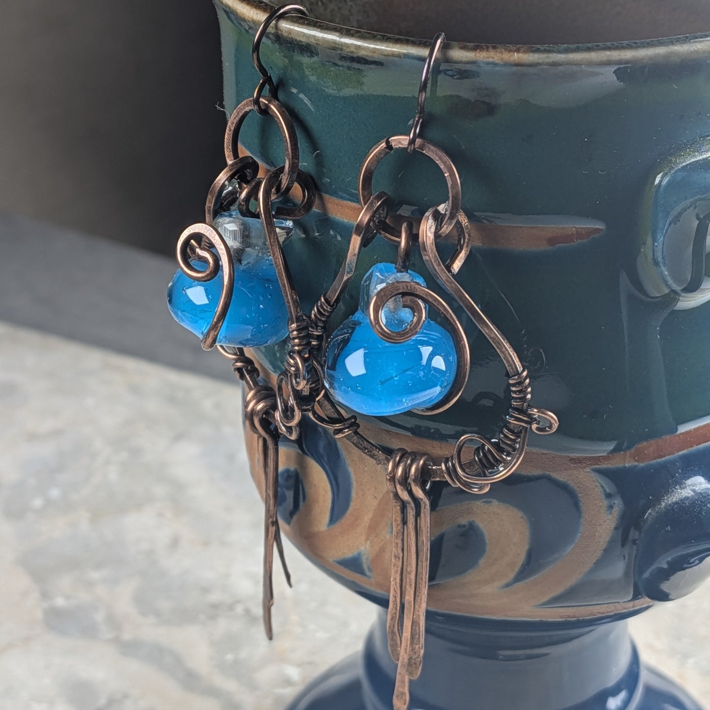 Blue Mana Potion Fringe Earrings | Lampwork Copper Dangle Earrings