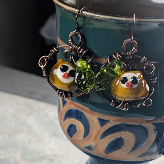 Cute Owl Lampwork Earrings with Bright Handmade Leaves