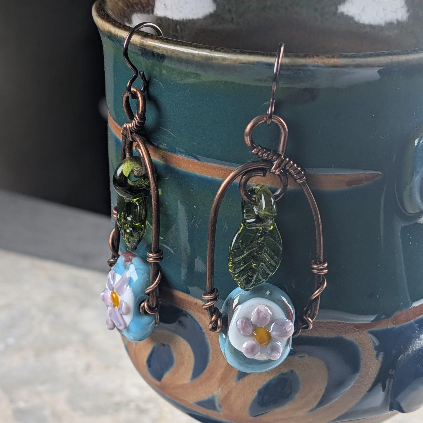 Blue and Purple Flower Lampwork Arch Earrings | Copper Wire