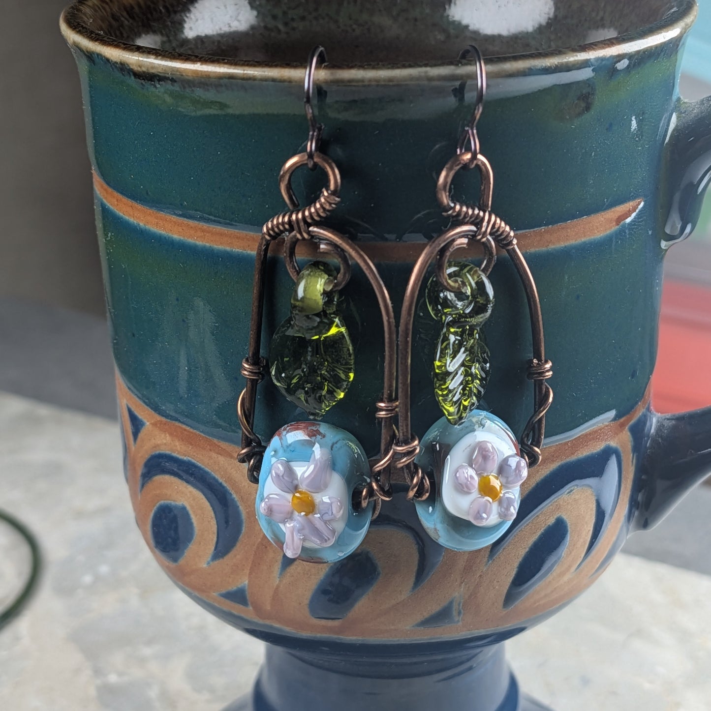 Blue and Purple Flower Lampwork Arch Earrings | Copper Wire