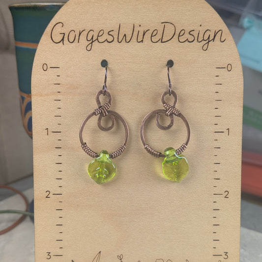 Green Leaf Hoop Earrings | Copper Wire