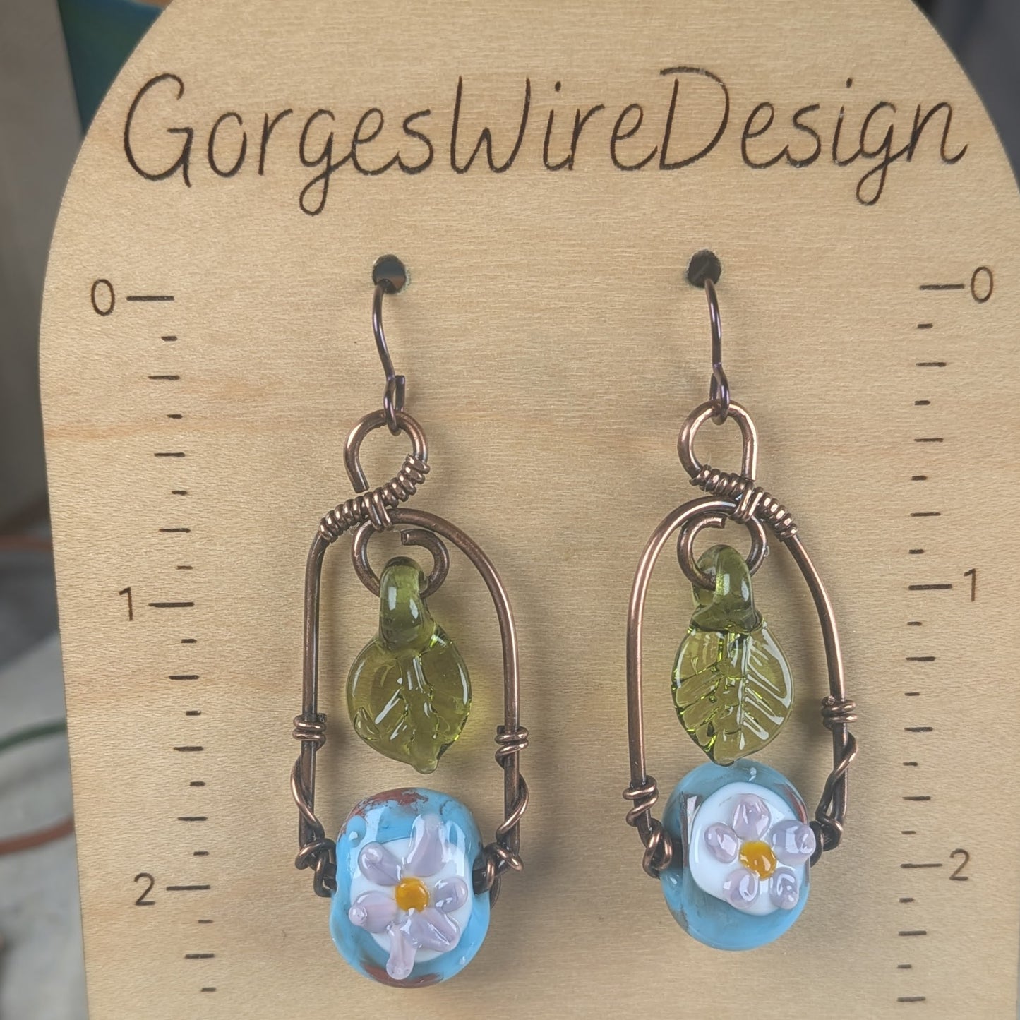 Blue and Purple Flower Lampwork Arch Earrings | Copper Wire