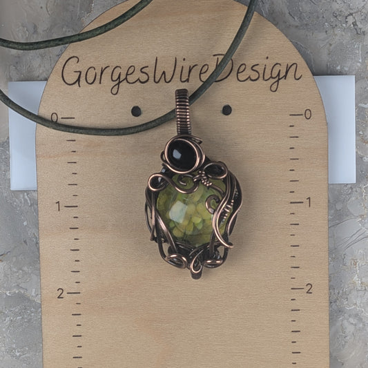 Hidden Spring Green Floral Lampwork Necklace in Copper with Onyx