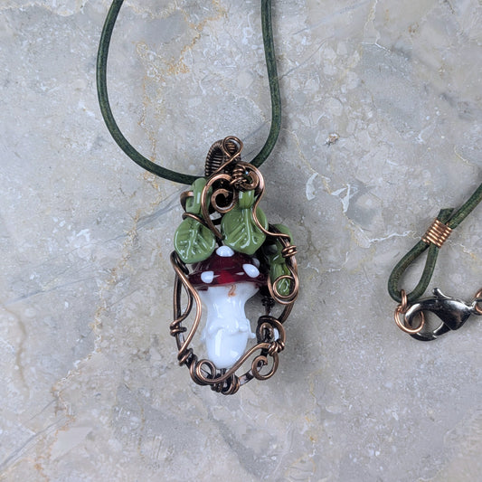 Red Mushroom Necklace with Small Glass Beads