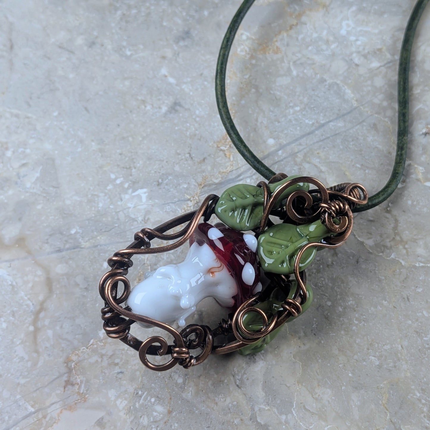 Red Mushroom Necklace with Small Glass Beads