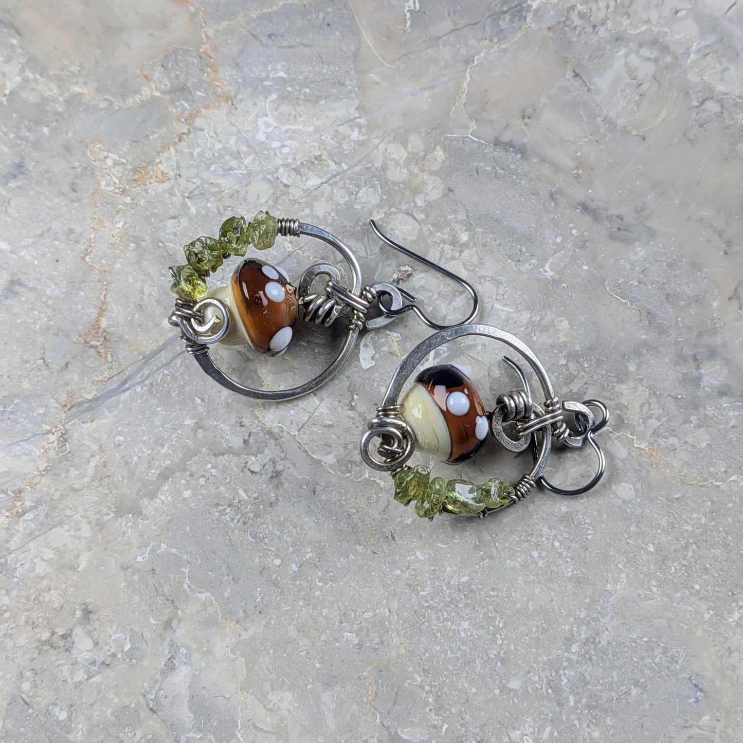 Silver Earrings with Handworked Mushrooms and Peridot