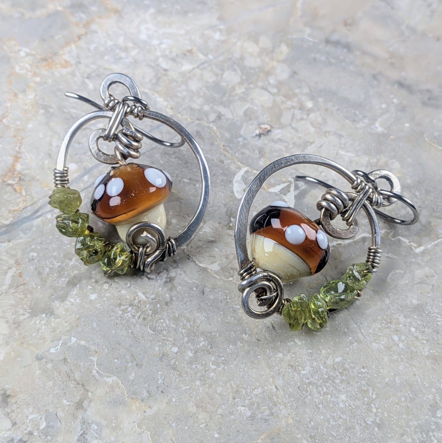 Silver Earrings with Handworked Mushrooms and Peridot