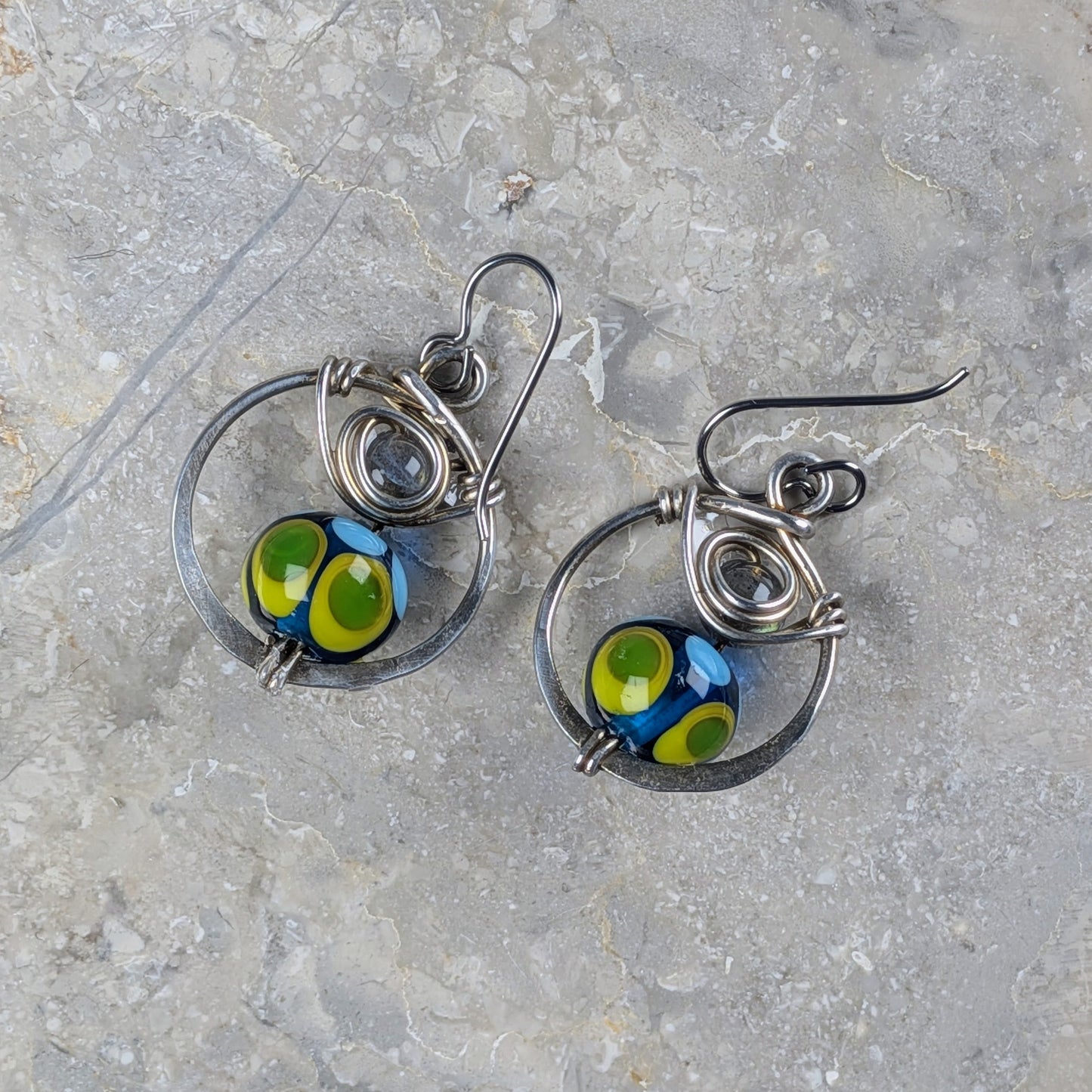 Short Blue Lampwork Bead Earrings with Labradorite