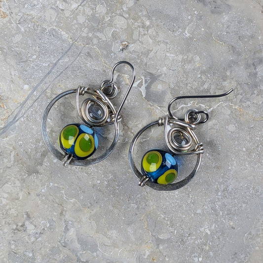 Short Blue Lampwork Bead Earrings with Labradorite
