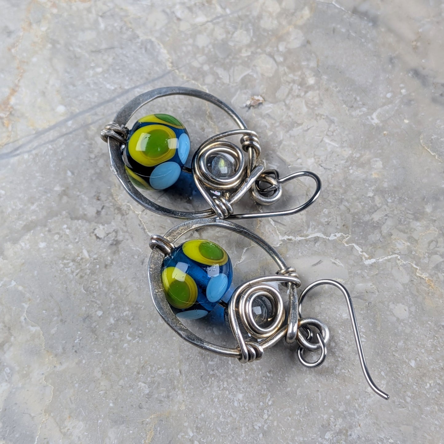 Short Blue Lampwork Bead Earrings with Labradorite