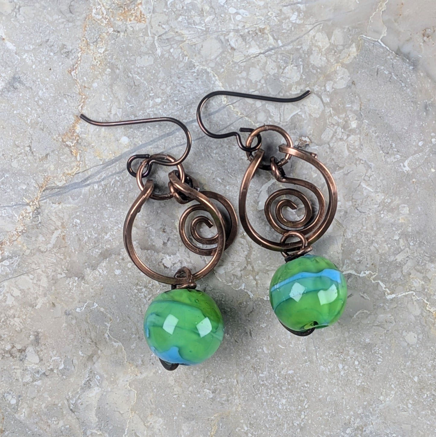 Green Lampwork Beaded Earrings with Dangling Spirals