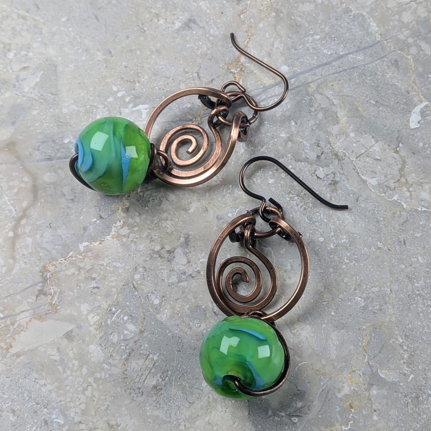 Green Lampwork Beaded Earrings with Dangling Spirals