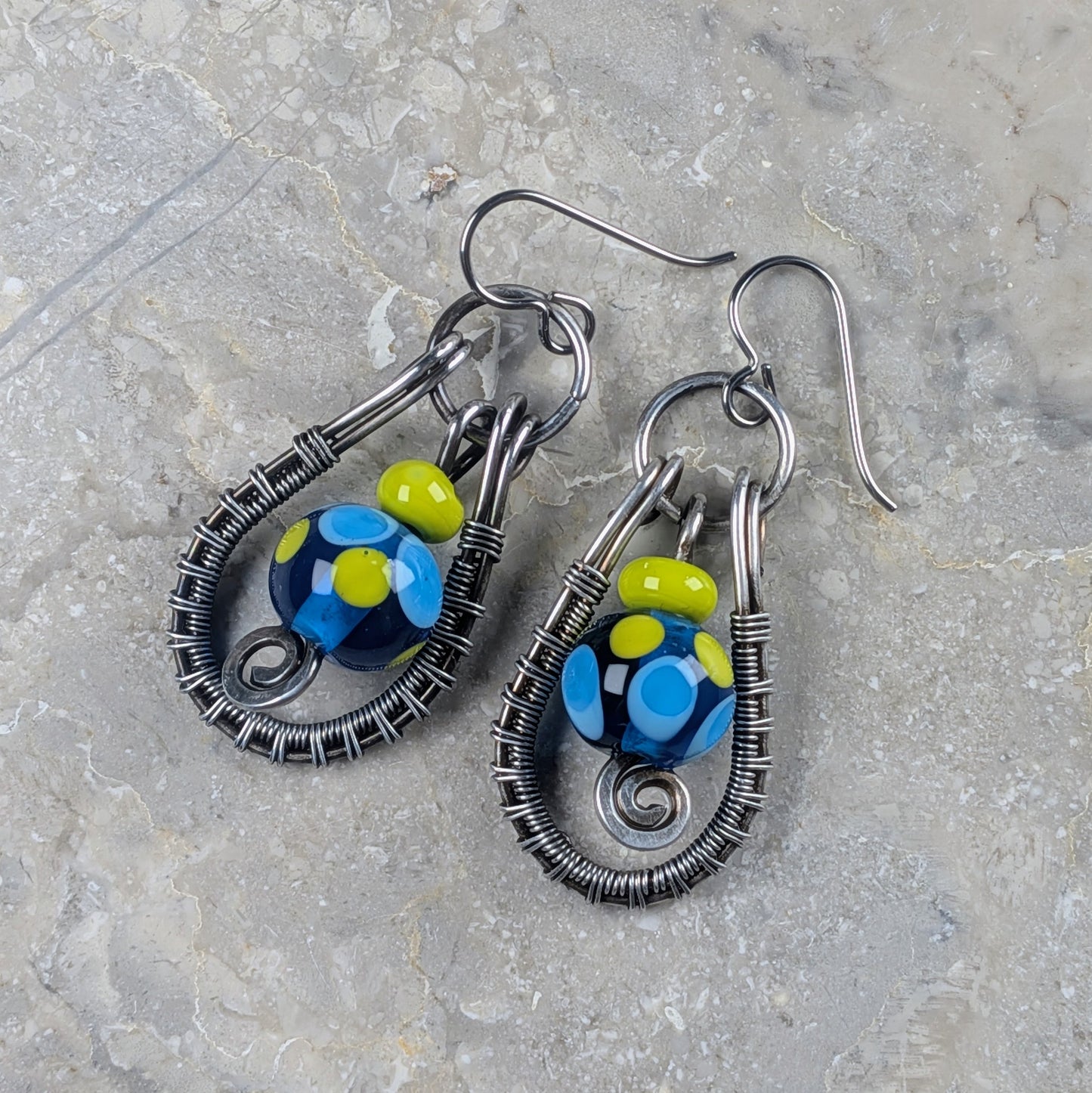 Gun Silver Earrings with Handmade Glassblown Beads