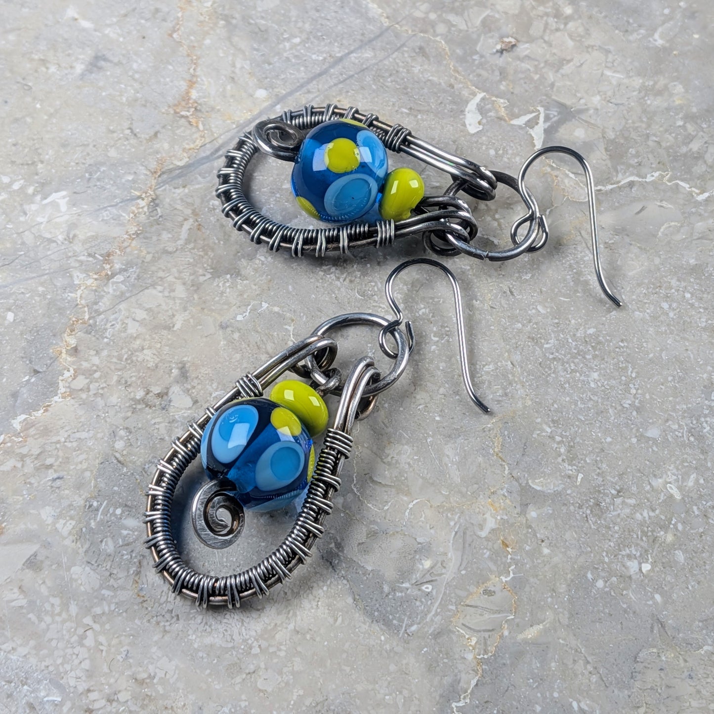 Gun Silver Earrings with Handmade Glassblown Beads
