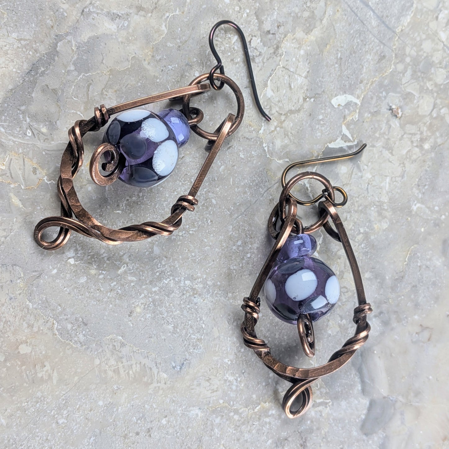 Darkened Copper Dangle Earrings with Handmade Glass Beads