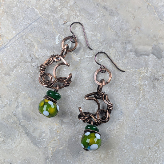 Small Dangling Moon Earrings with Green Lampwork Beads