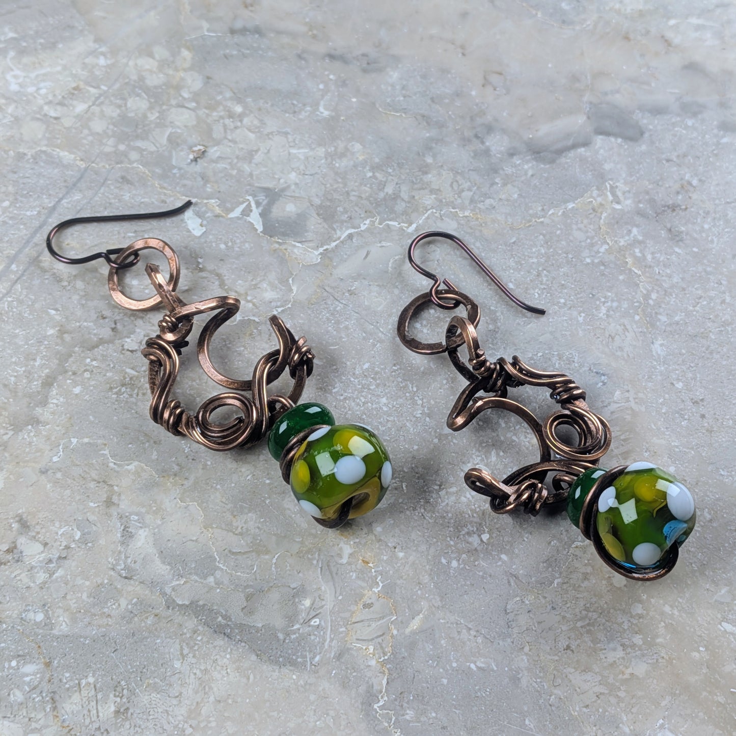 Small Dangling Moon Earrings with Green Lampwork Beads