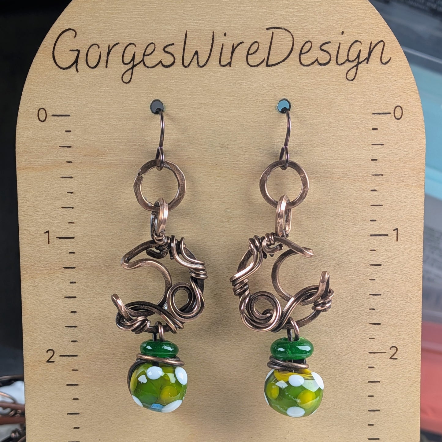 Small Dangling Moon Earrings with Green Lampwork Beads