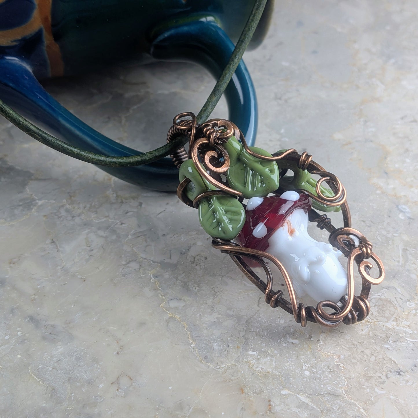 Red Mushroom Necklace with Small Glass Beads