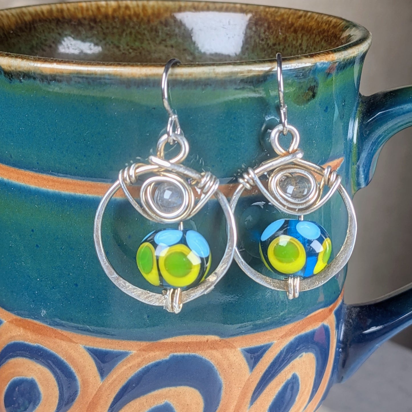 Short Blue Lampwork Bead Earrings with Labradorite