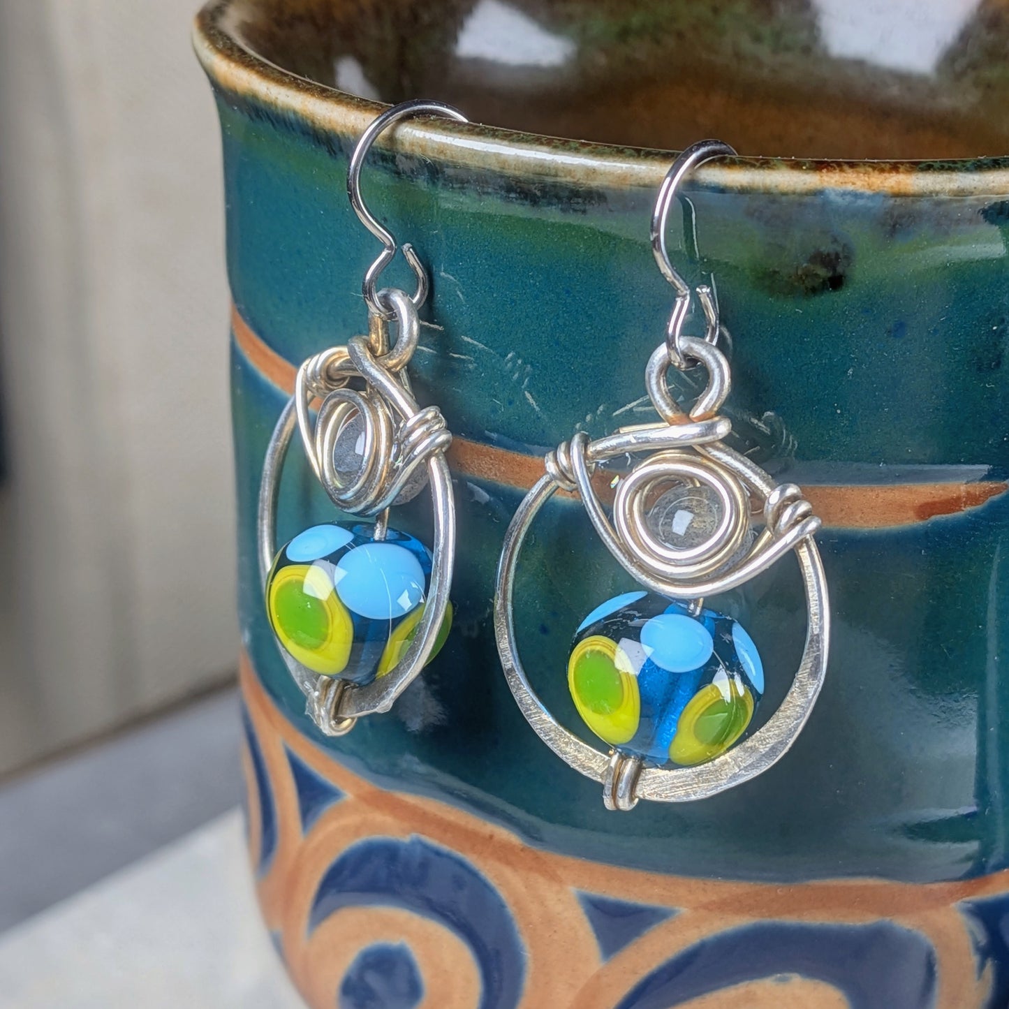 Short Blue Lampwork Bead Earrings with Labradorite