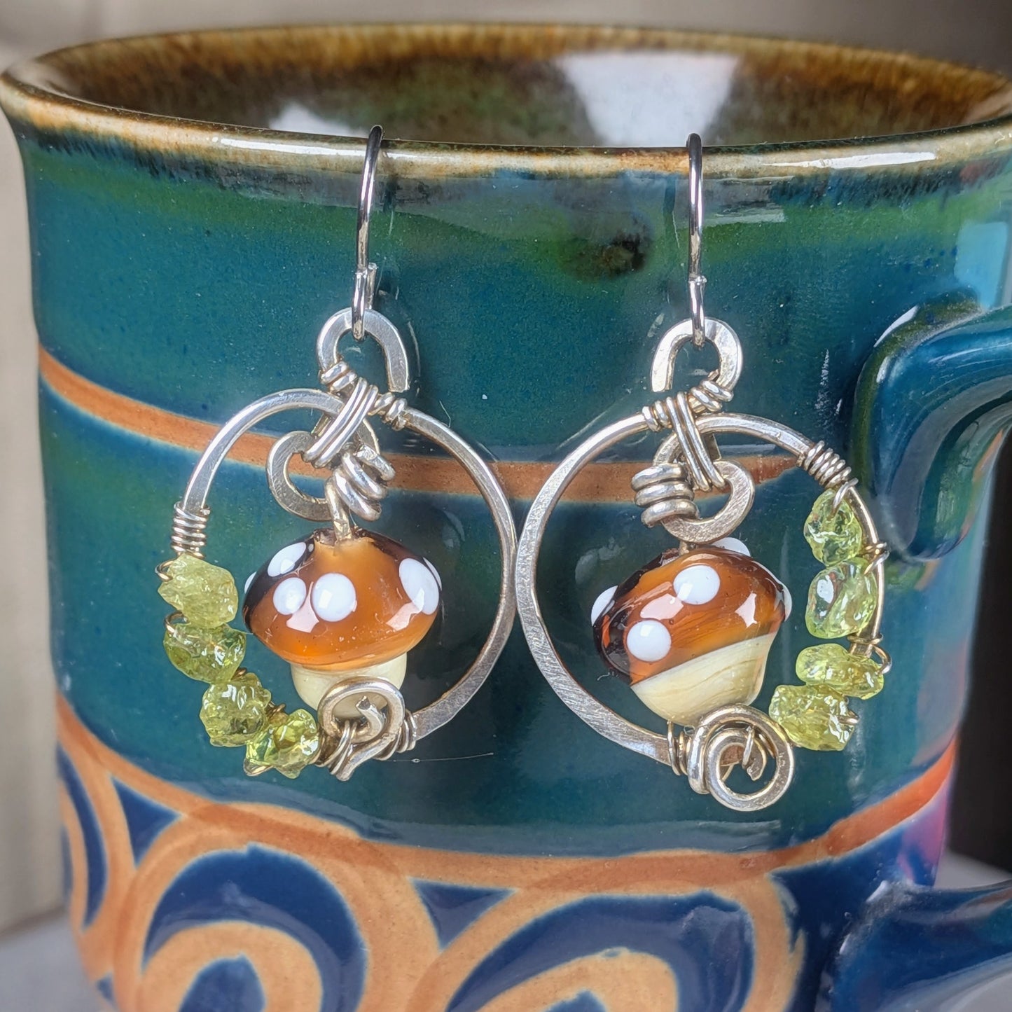 Silver Earrings with Handworked Mushrooms and Peridot