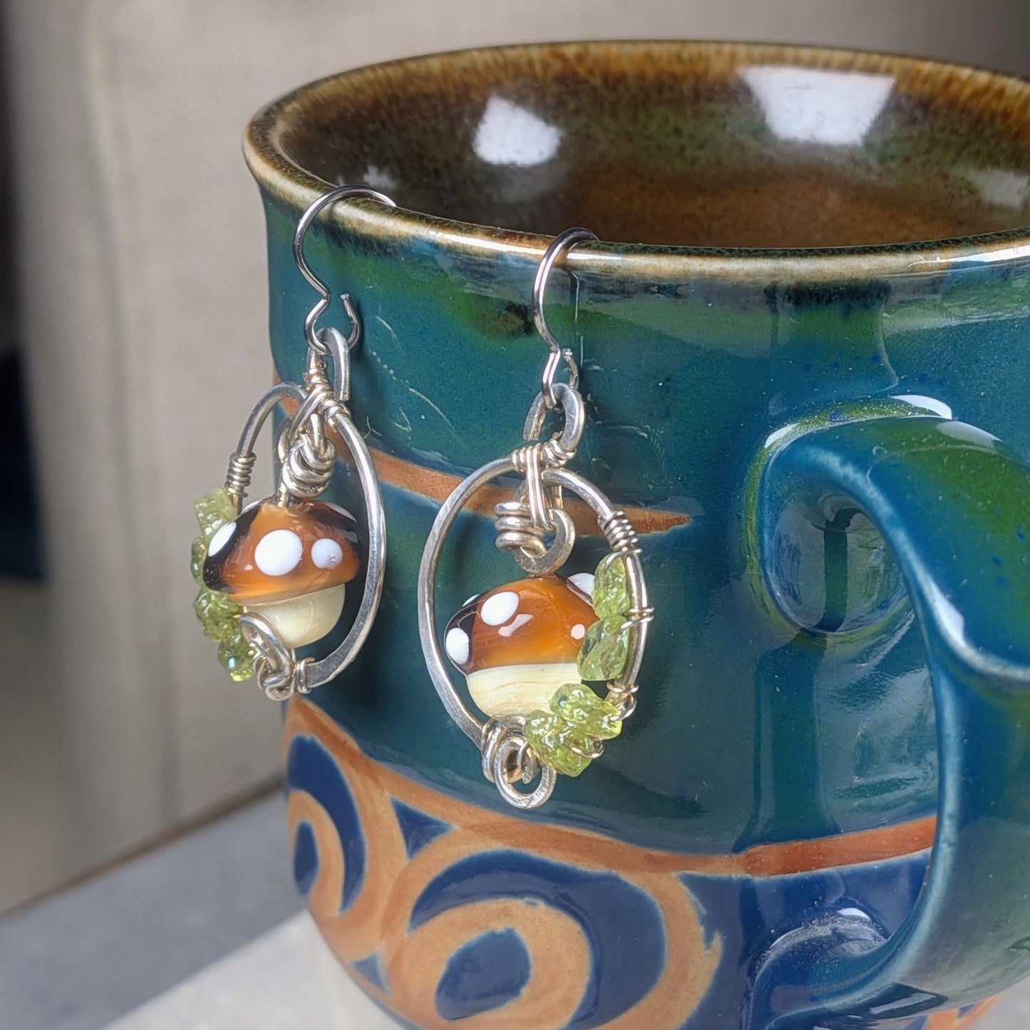 Silver Earrings with Handworked Mushrooms and Peridot