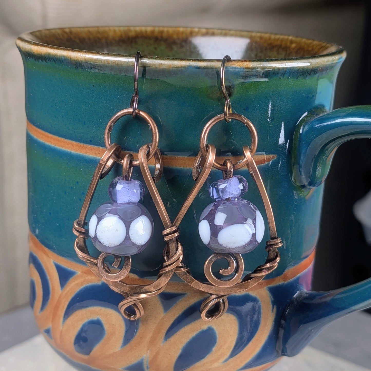 Darkened Copper Dangle Earrings with Handmade Glass Beads