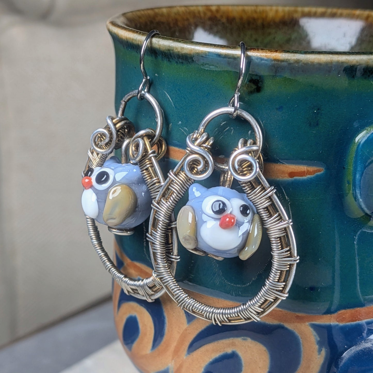 Woven Owl Earrings in Silver
