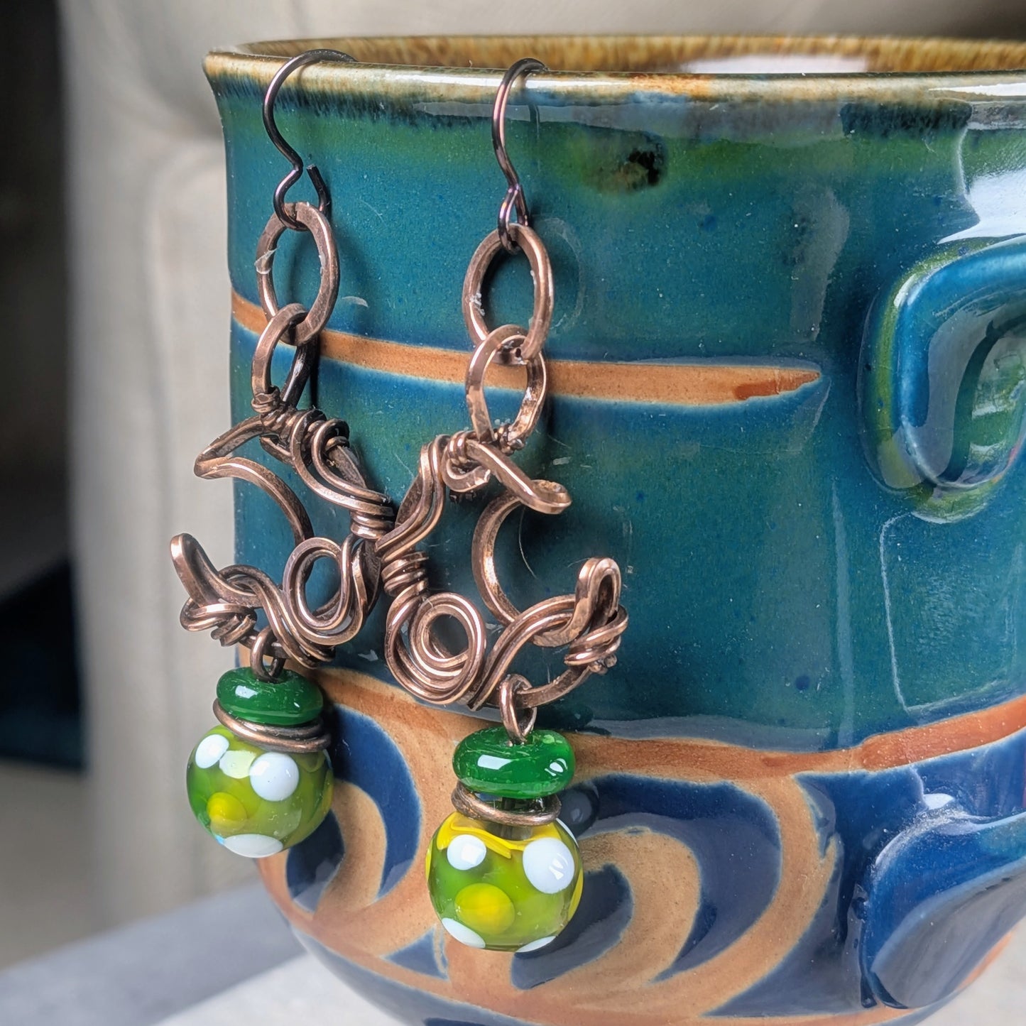 Small Dangling Moon Earrings with Green Lampwork Beads