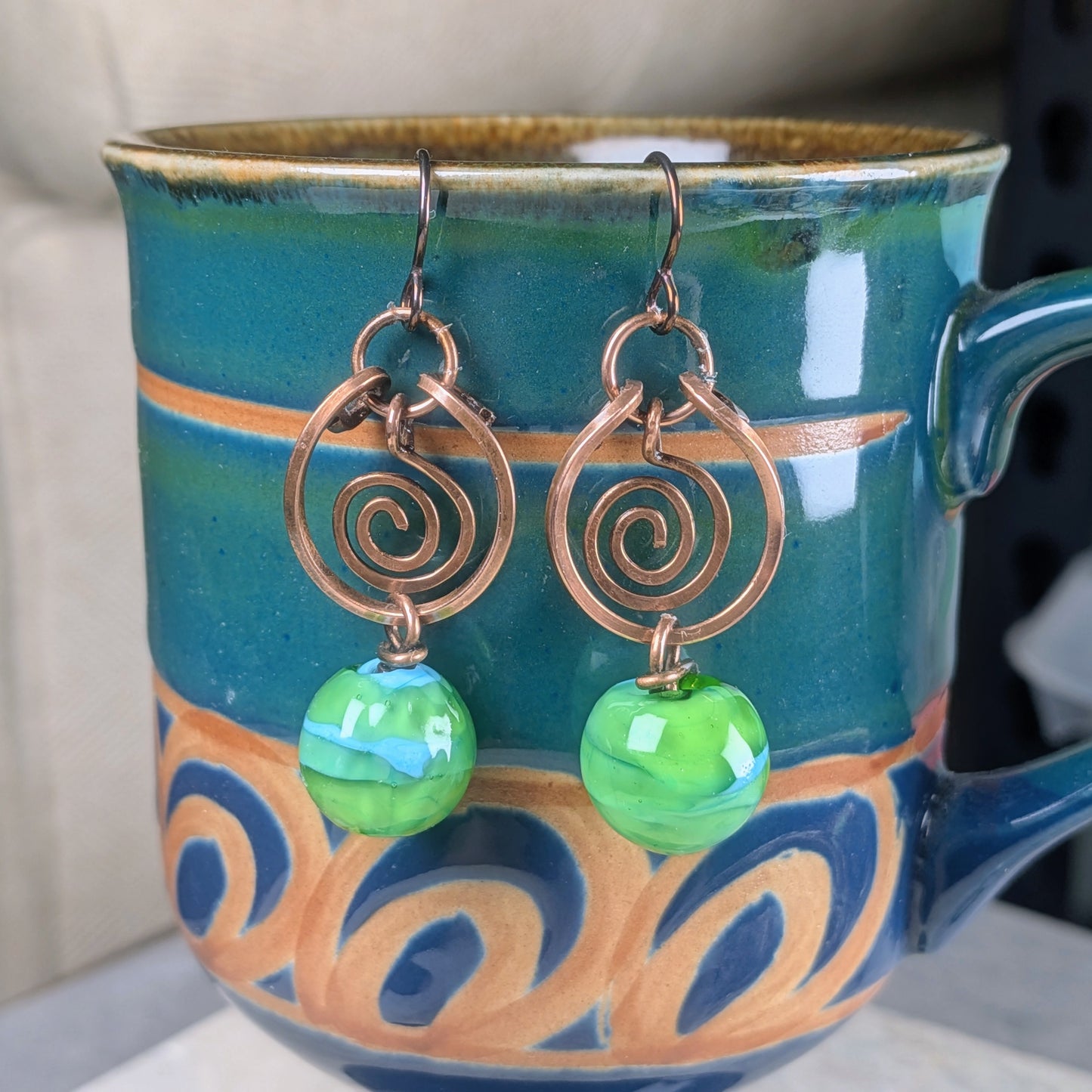 Green Lampwork Beaded Earrings with Dangling Spirals
