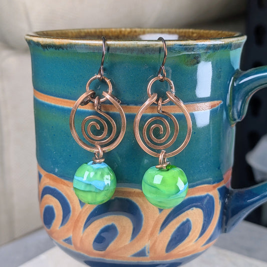 Green Lampwork Beaded Earrings with Dangling Spirals