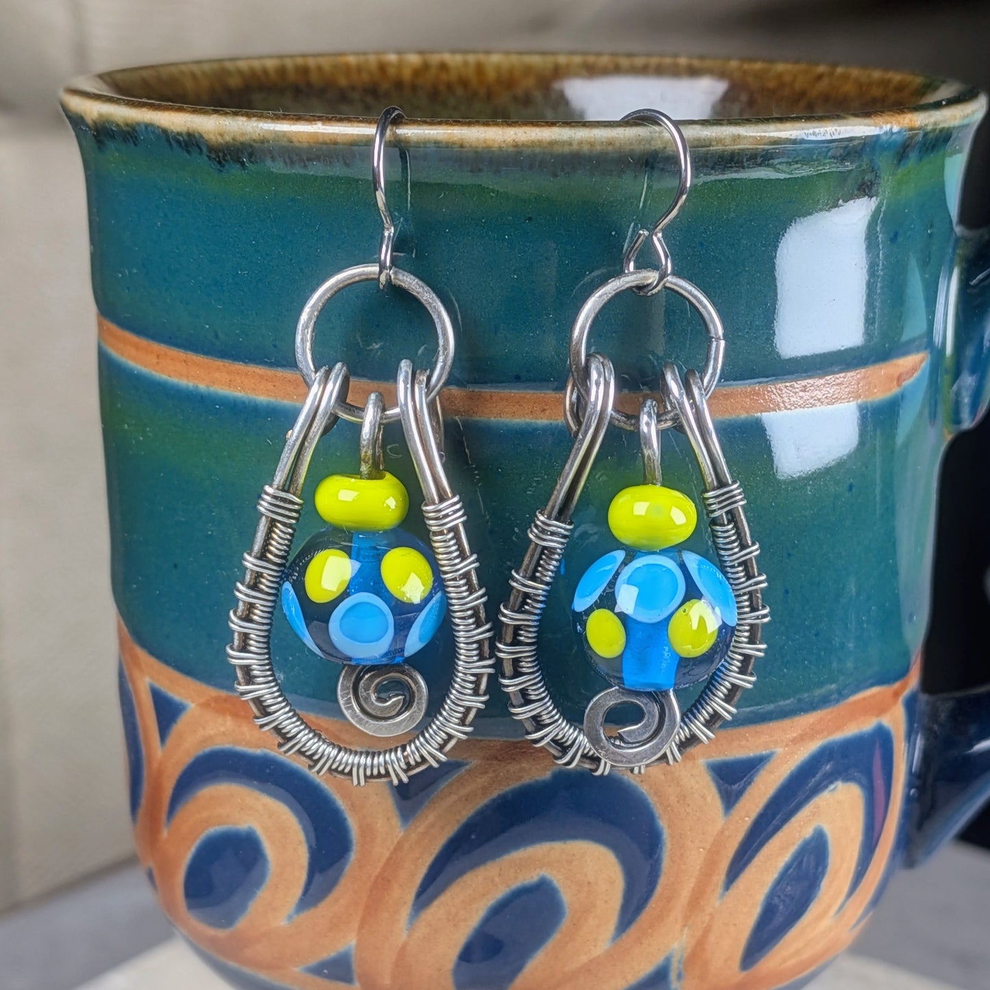 Gun Silver Earrings with Handmade Glassblown Beads