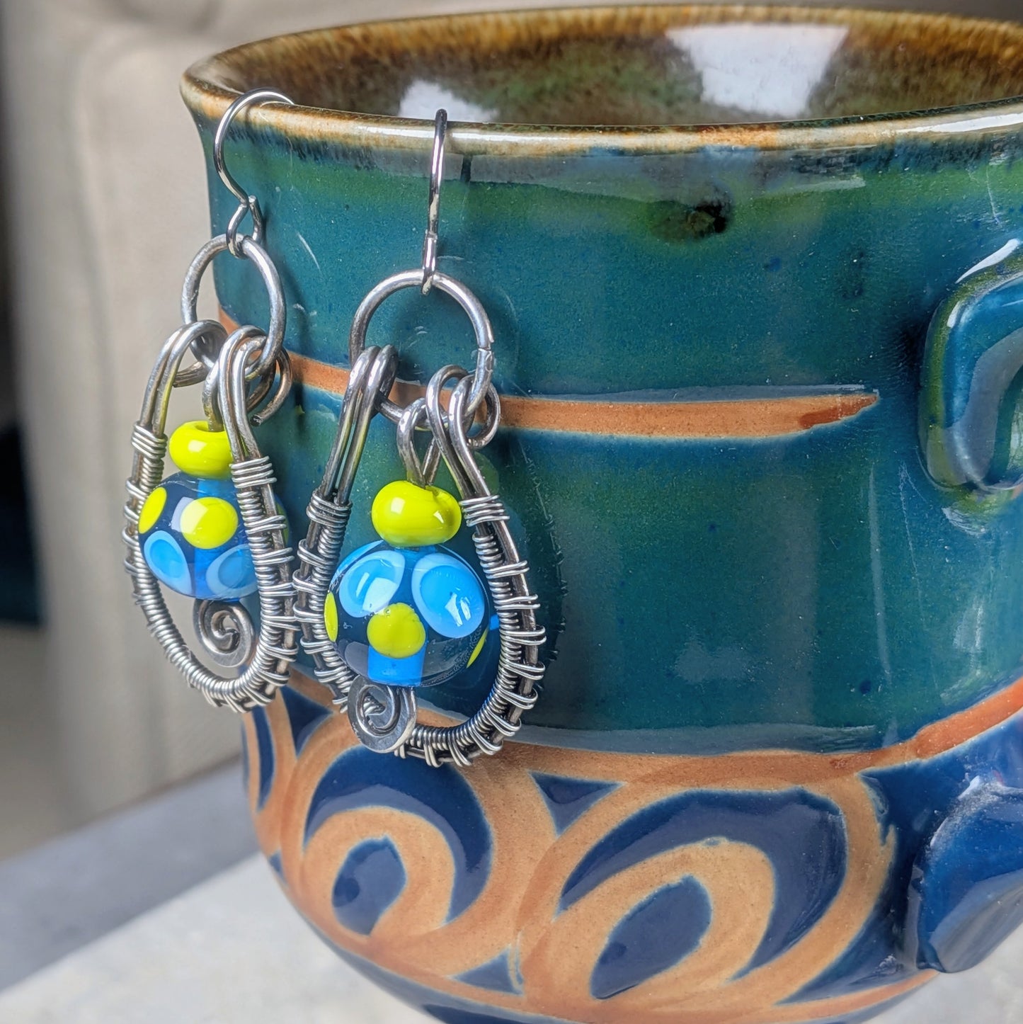 Gun Silver Earrings with Handmade Glassblown Beads