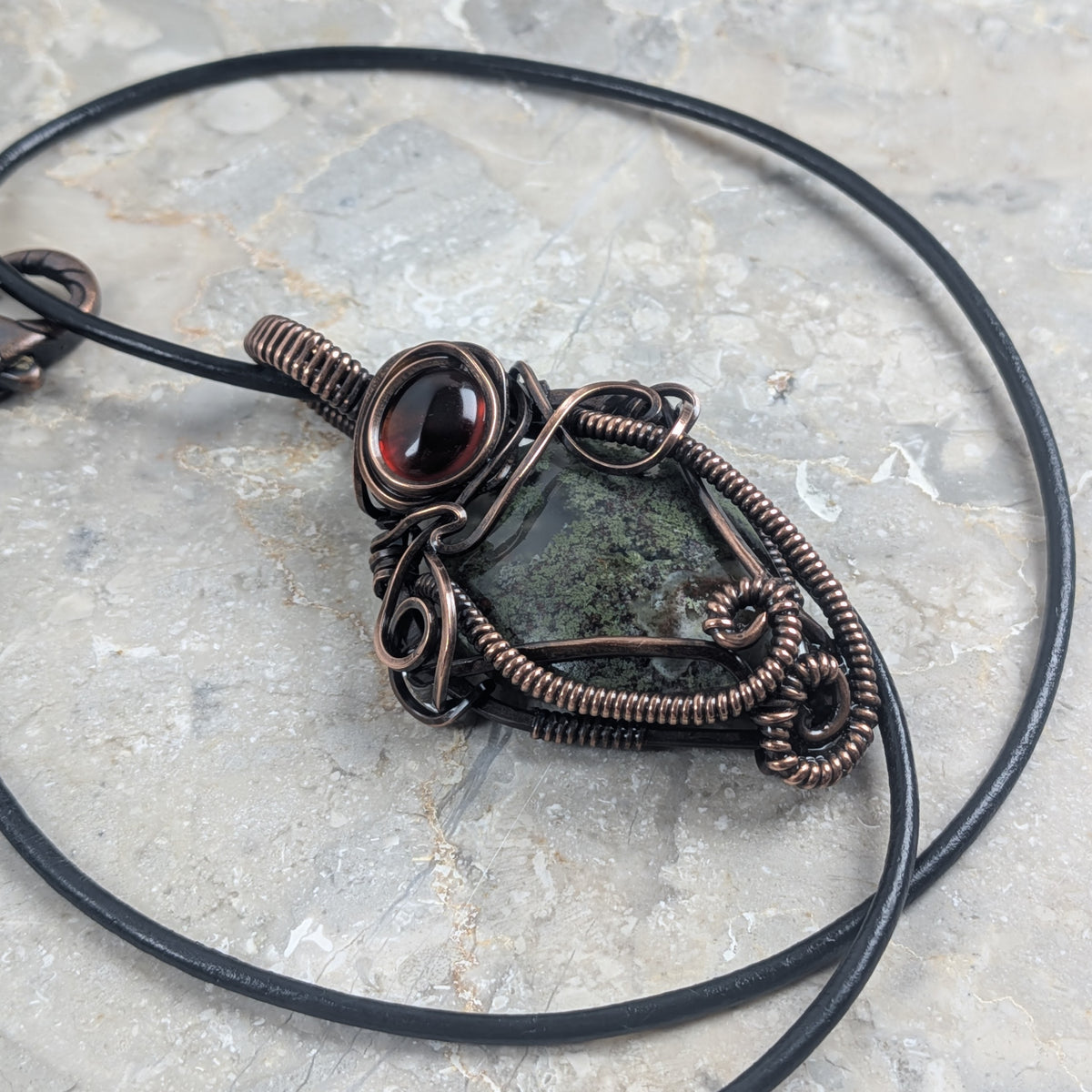 Hidden Forest: Moss Agate & Garnet in Copper