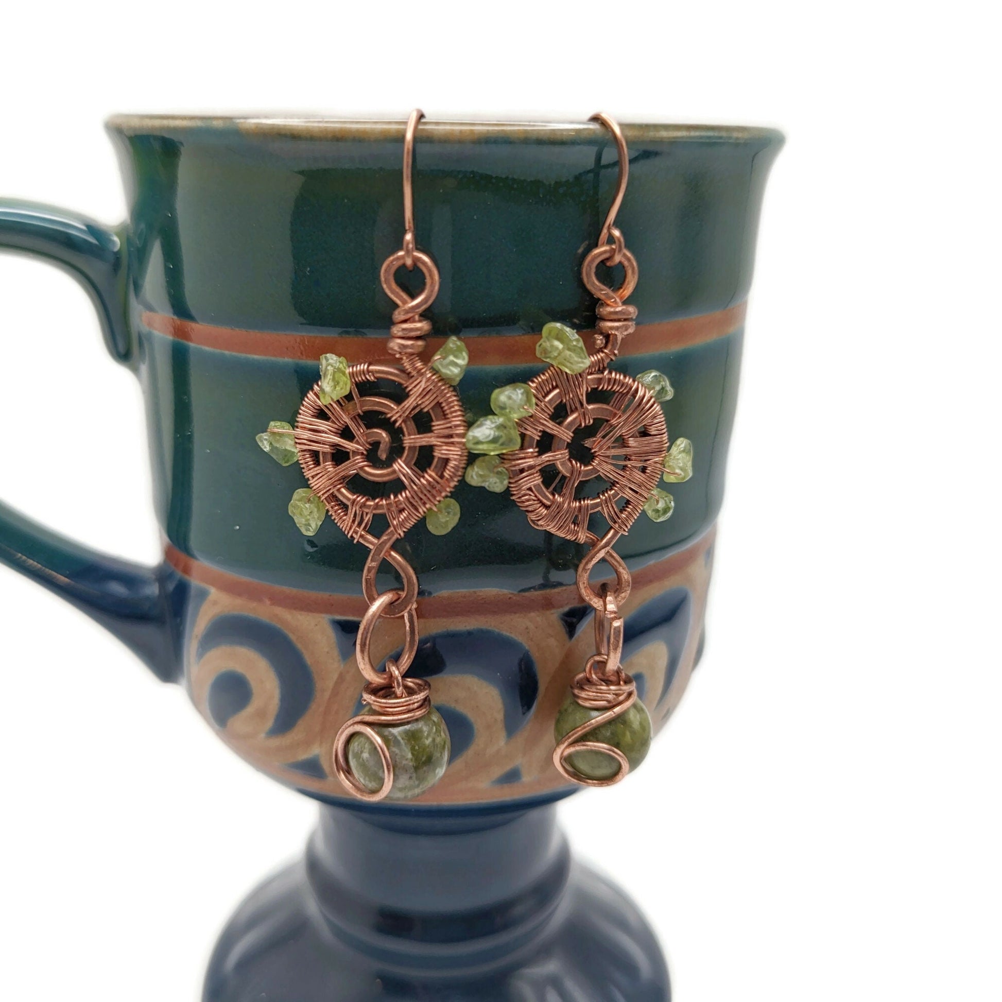 Woven Copper Spiral Earrings, Peridot Dangle Earrings, August Birthstone Gift, for Daughter, for Mom, Spiral Jewelry with Unakite