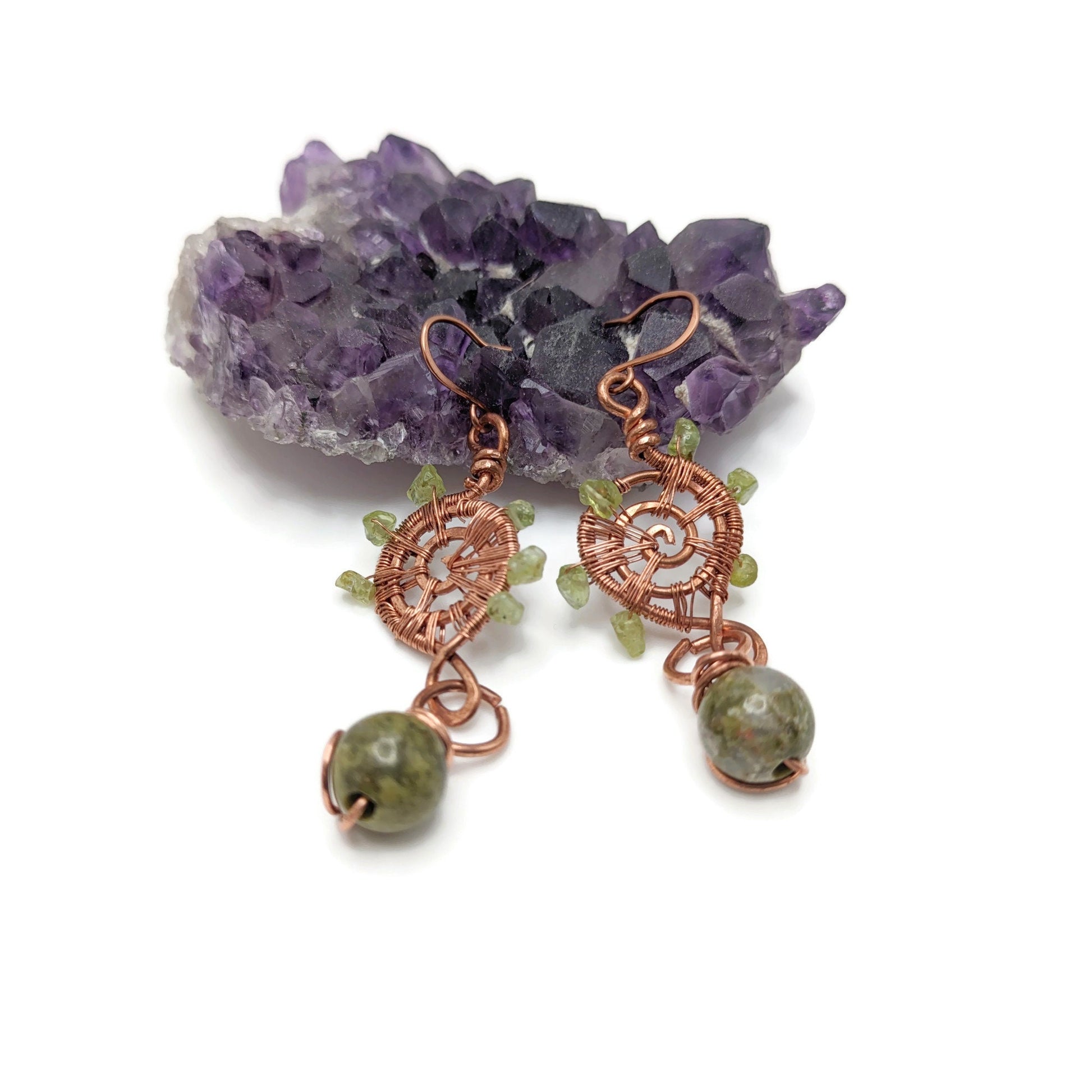 Woven Copper Spiral Earrings, Peridot Dangle Earrings, August Birthstone Gift, for Daughter, for Mom, Spiral Jewelry with Unakite