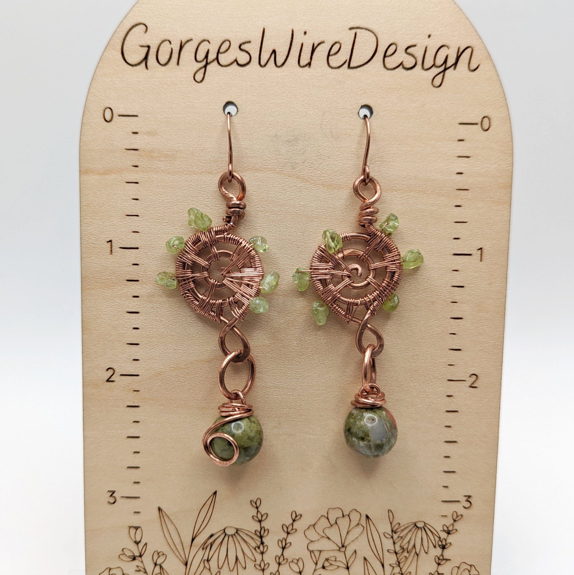 Woven Copper Spiral Earrings, Peridot Dangle Earrings, August Birthstone Gift, for Daughter, for Mom, Spiral Jewelry with Unakite