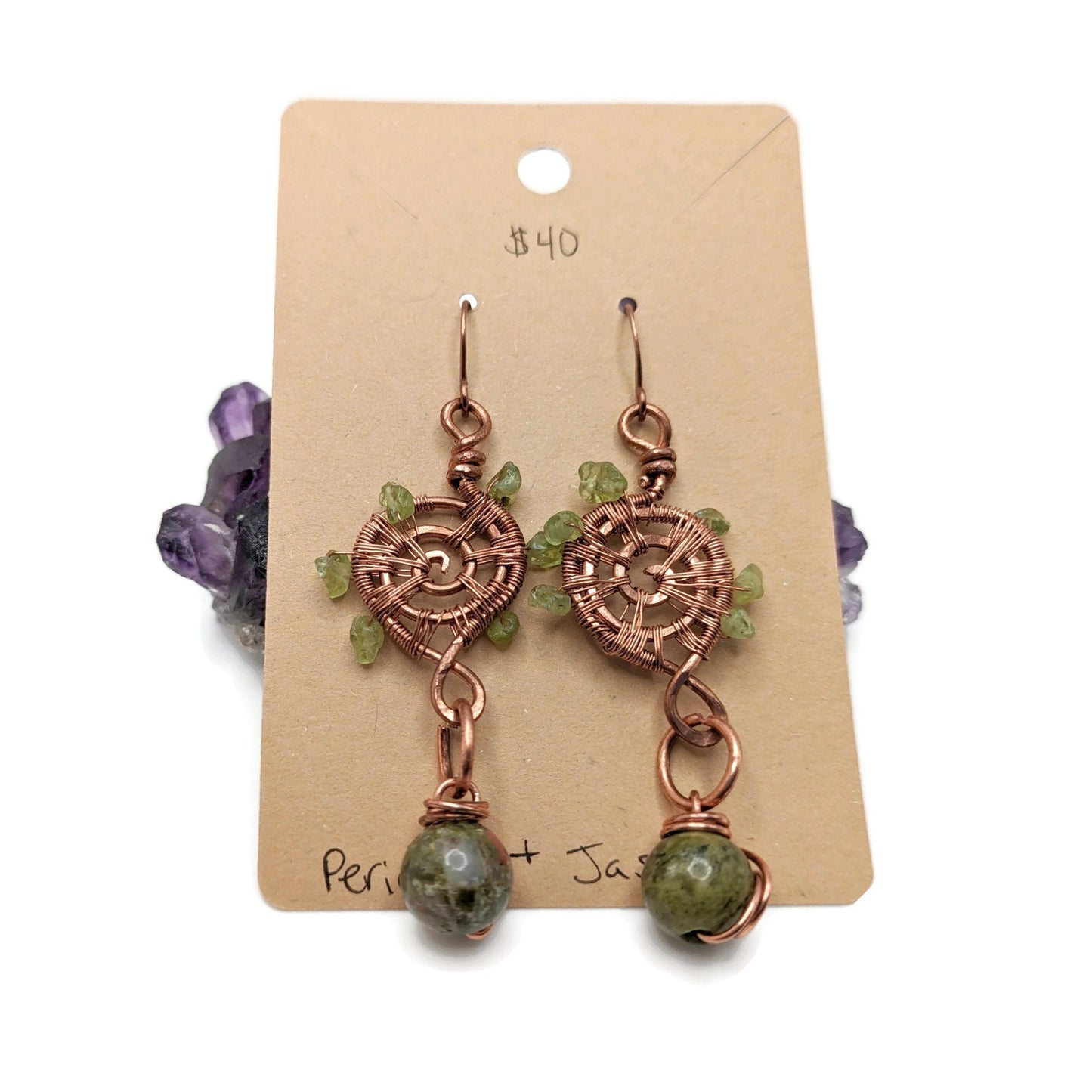 Woven Copper Spiral Earrings, Peridot Dangle Earrings, August Birthstone Gift, for Daughter, for Mom, Spiral Jewelry with Unakite