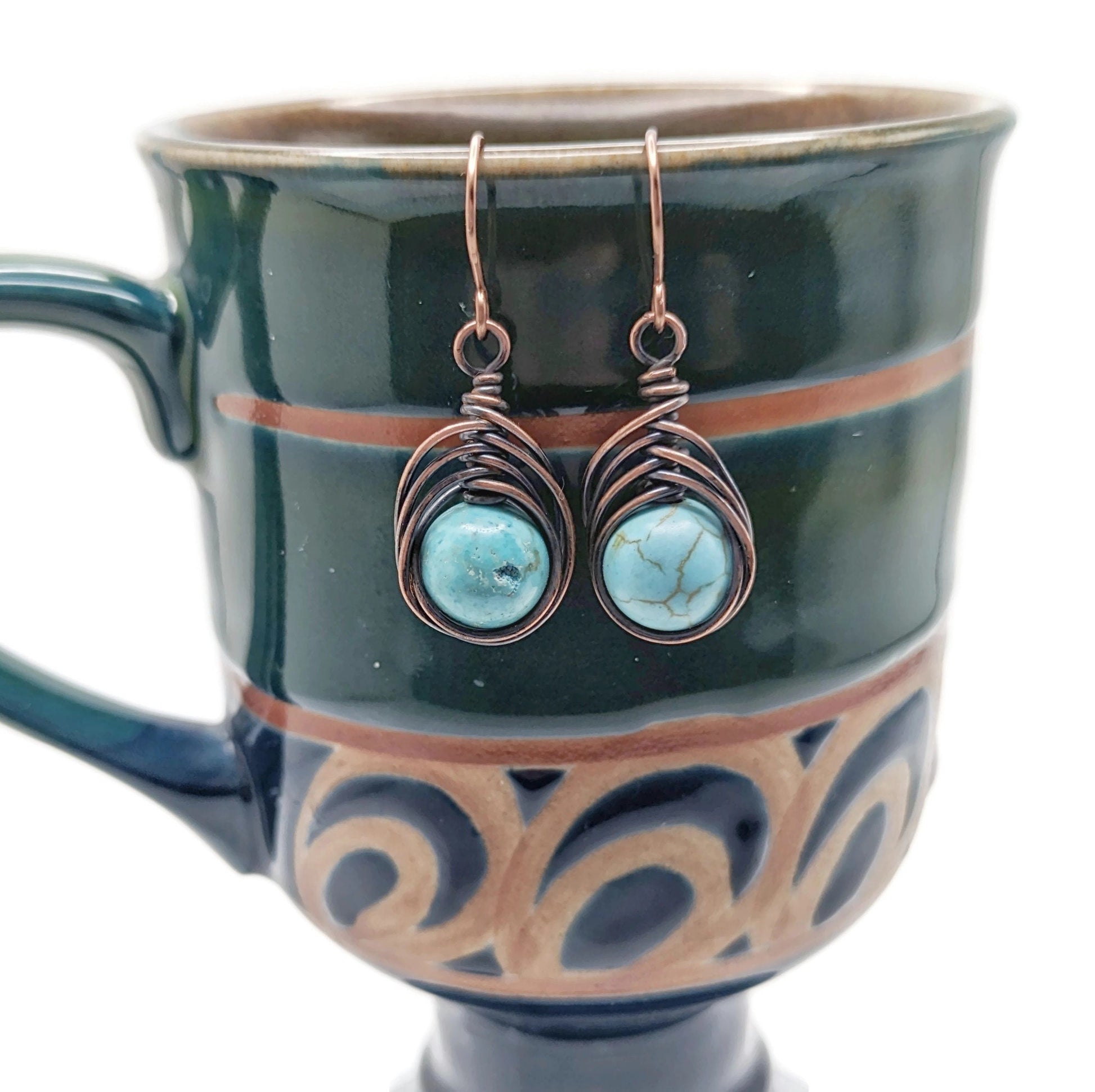 Short Blue Herringbone Dangle Drop Earrings, Turquoise Blue Dyed Howlite, Witchy Boho Dangle Earrings Top Gift, for Daughter, for Wife