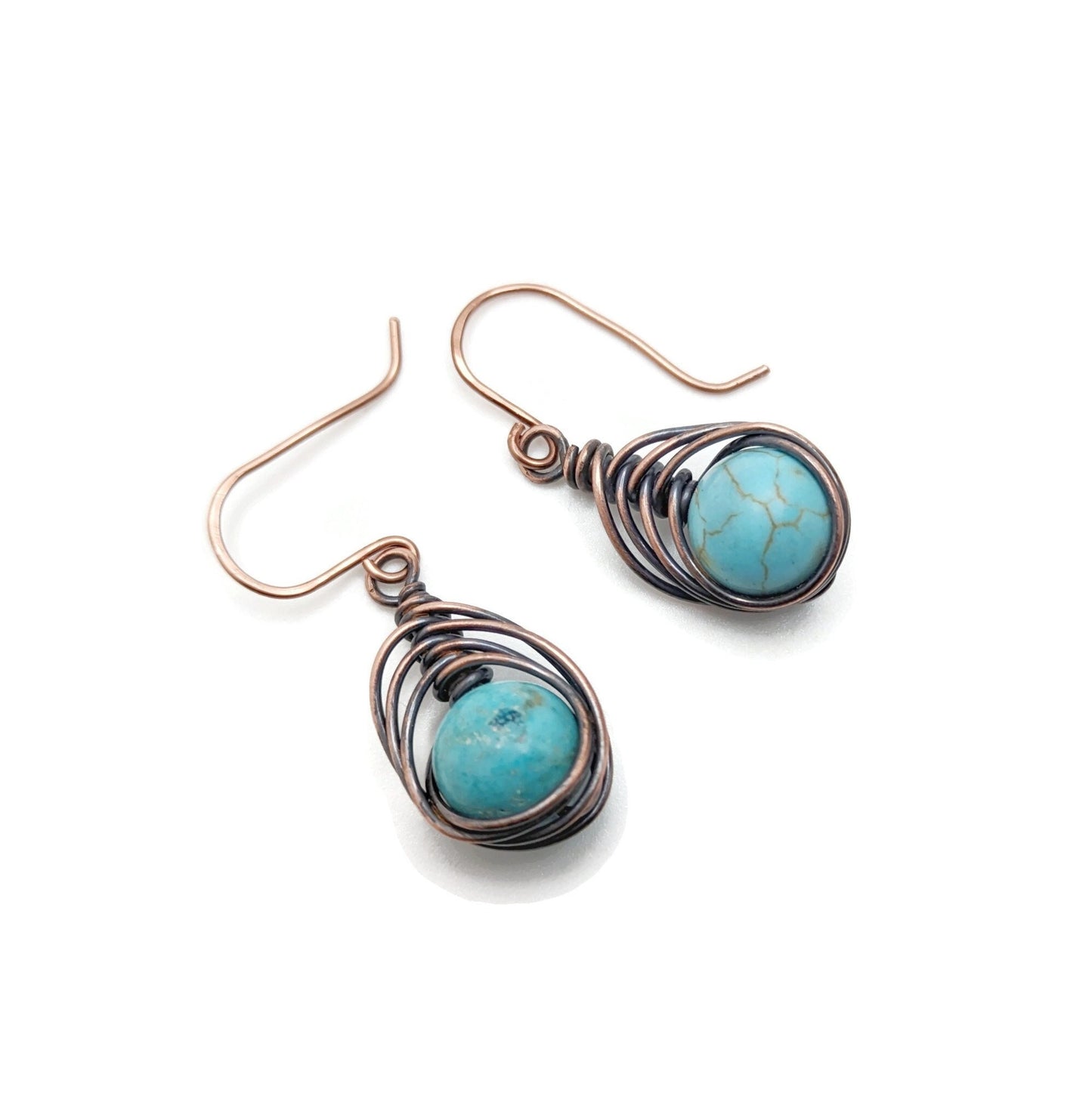 Short Blue Herringbone Dangle Drop Earrings, Turquoise Blue Dyed Howlite, Witchy Boho Dangle Earrings Top Gift, for Daughter, for Wife